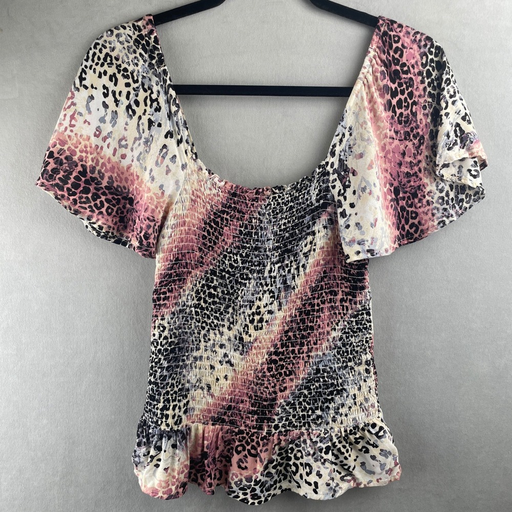 Jessica Simpson Womens Smocked Animal Print Peplum Y2K Girly Top Pink Black M